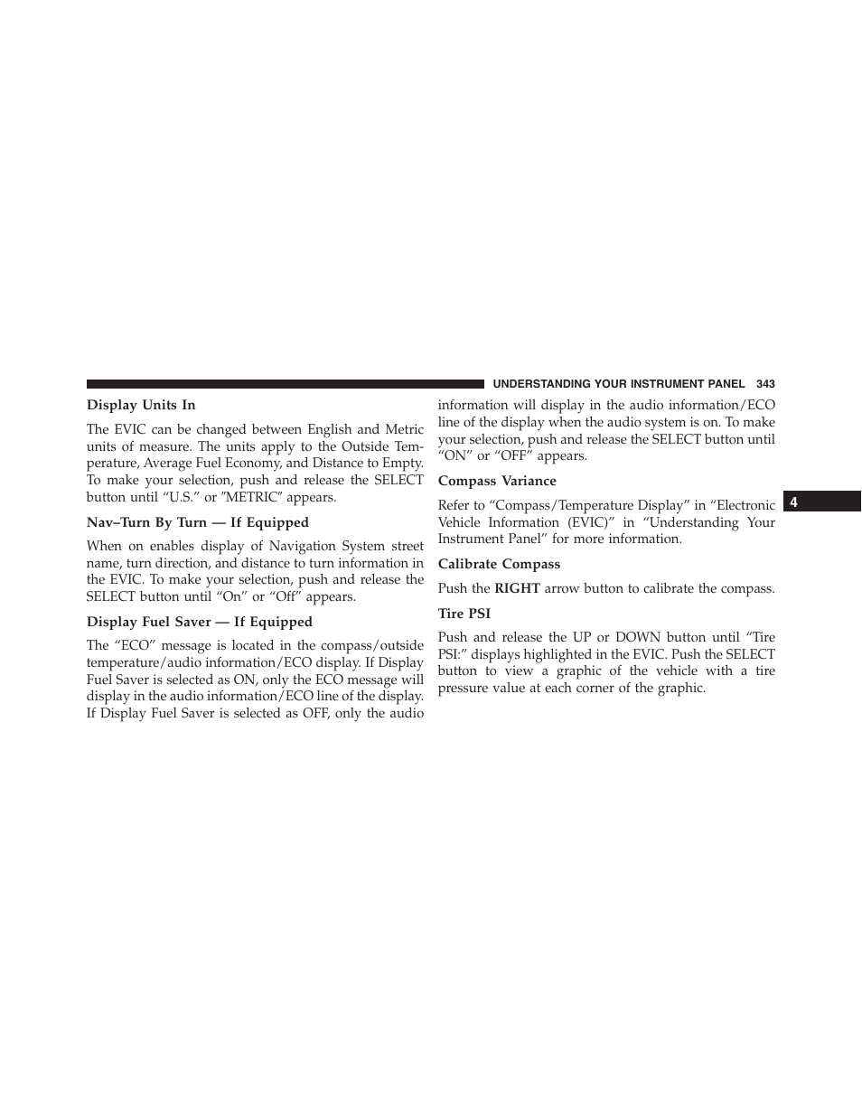 Display units in, Nav–turn by turn — if equipped, Display fuel saver — if equipped | Compass variance, Calibrate compass, Tire psi | Jeep 2015 Wrangler - Owner Manual User Manual | Page 345 / 695