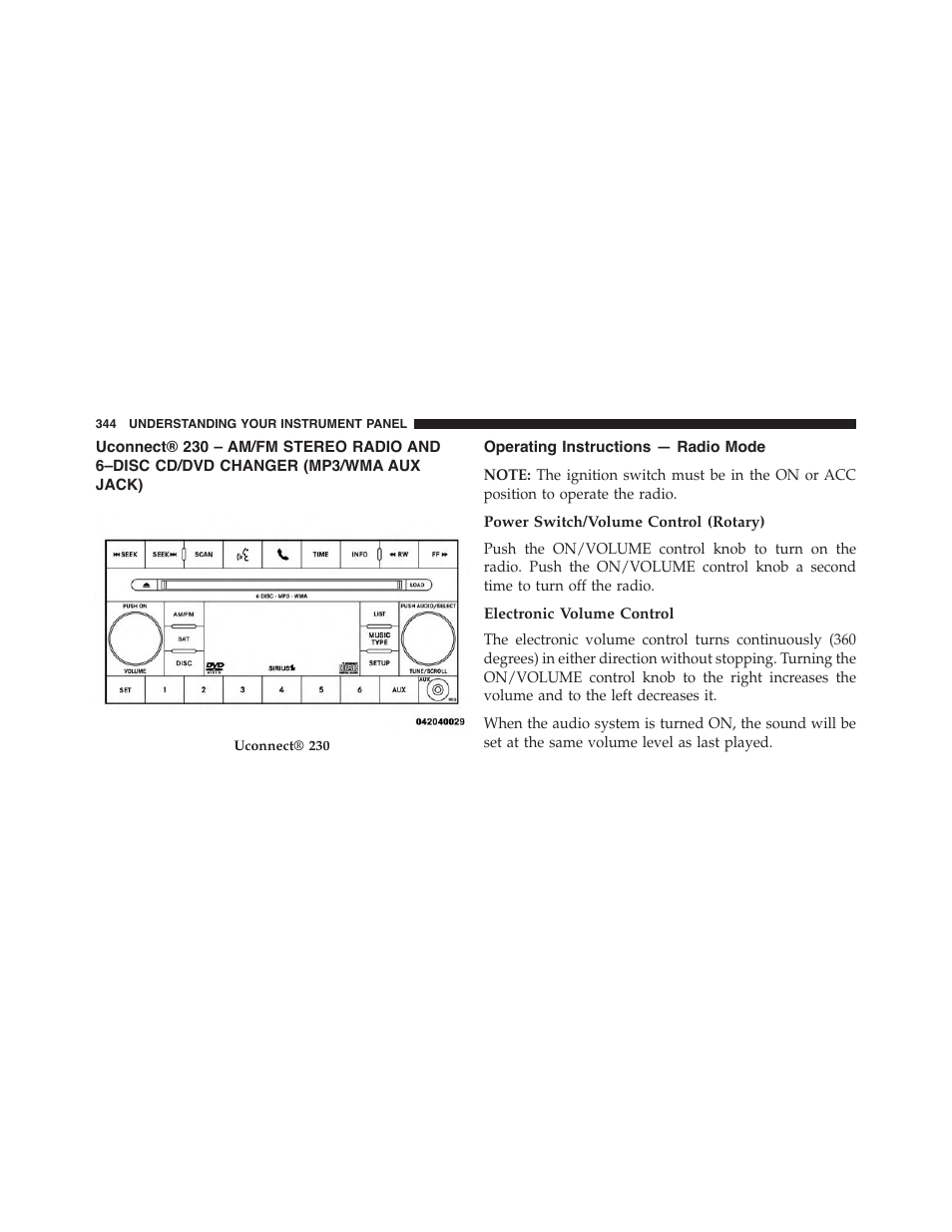 Operating instructions — radio mode, Power switch/volume control (rotary), Electronic volume control | Uconnect® 230 – am/fm stereo radio and, 6–disc cd/dvd changer (mp3/wma aux, Jack) | Jeep 2015 Wrangler - Owner Manual User Manual | Page 346 / 695