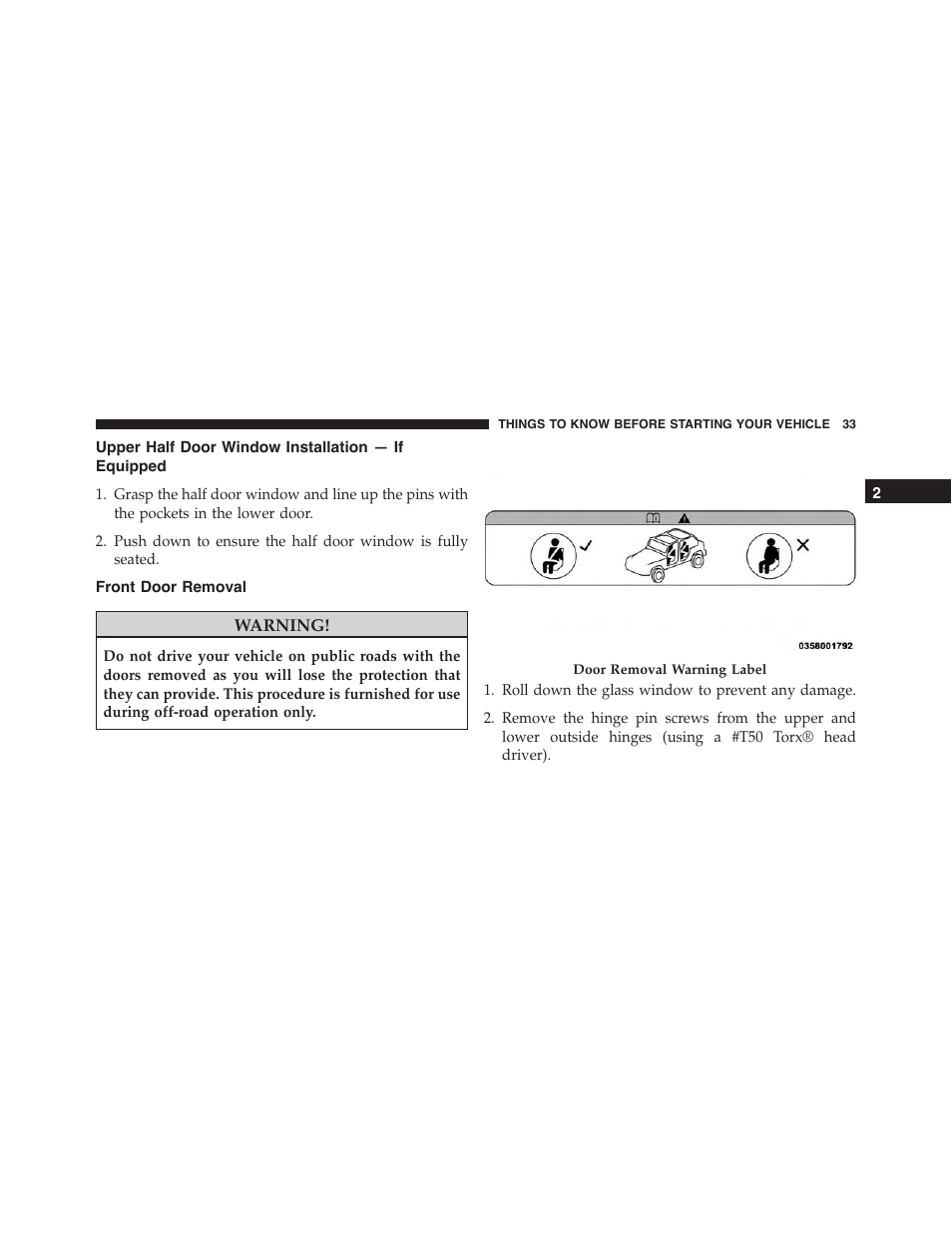 Upper half door window installation — if equipped, Front door removal, Upper half door window installation — if | Equipped | Jeep 2015 Wrangler - Owner Manual User Manual | Page 35 / 695