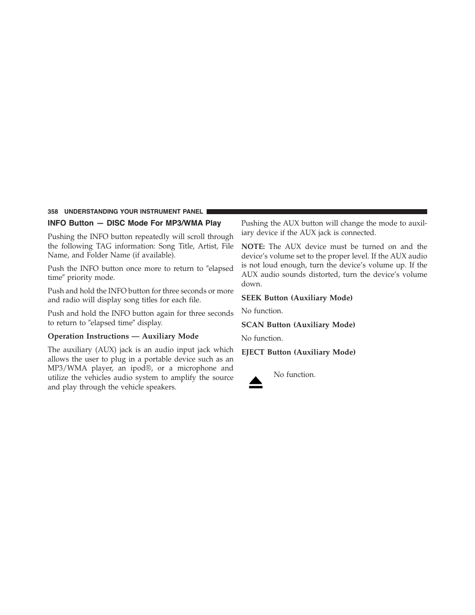 Info button — disc mode for mp3/wma play, Operation instructions — auxiliary mode, Seek button (auxiliary mode) | Scan button (auxiliary mode), Eject button (auxiliary mode), Info button — disc mode for mp3/wma, Play | Jeep 2015 Wrangler - Owner Manual User Manual | Page 360 / 695