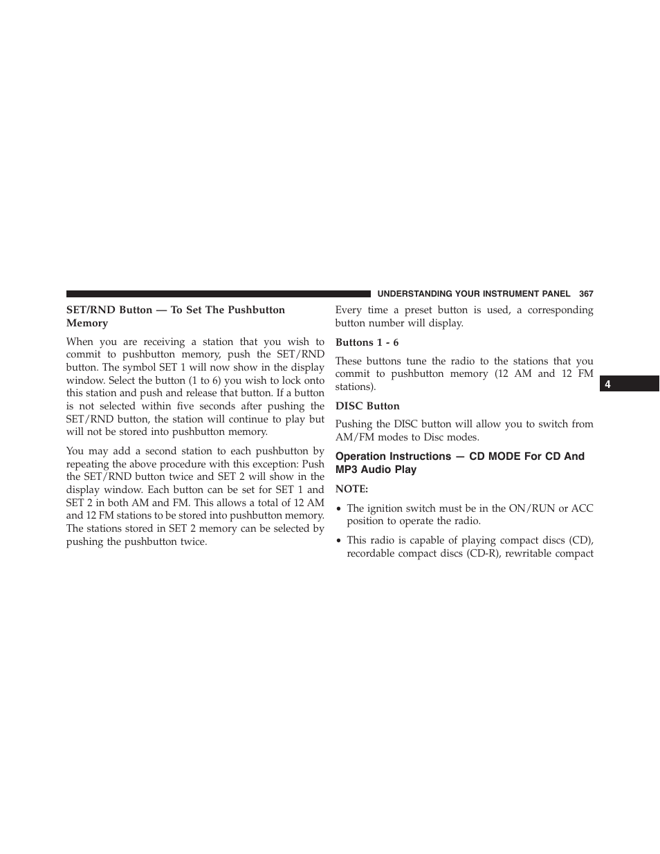Set/rnd button — to set the pushbutton memory, Buttons 1 - 6, Disc button | Operation instructions — cd mode for cd and, Mp3 audio play | Jeep 2015 Wrangler - Owner Manual User Manual | Page 369 / 695