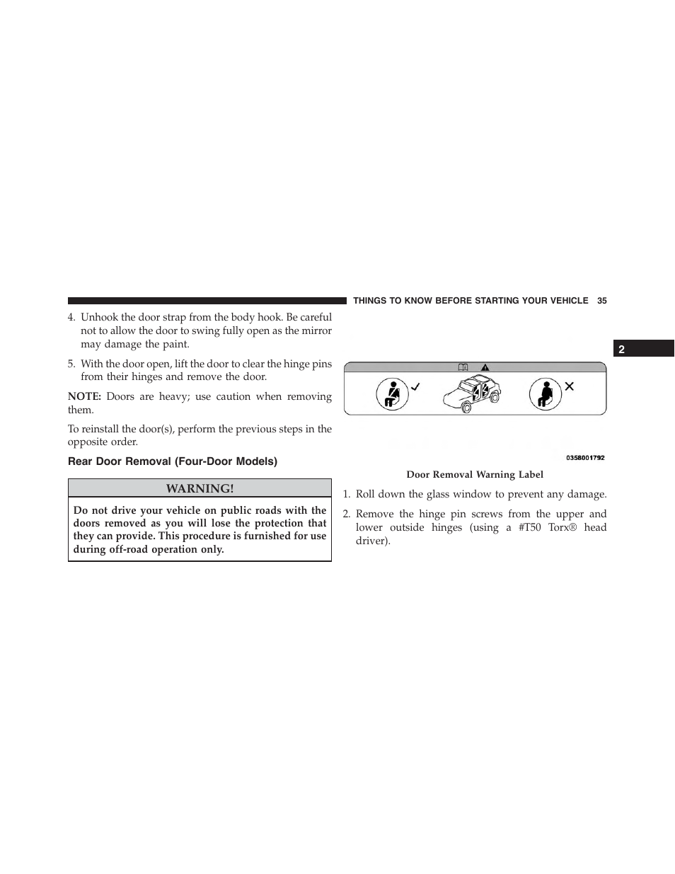 Rear door removal (four-door models) | Jeep 2015 Wrangler - Owner Manual User Manual | Page 37 / 695