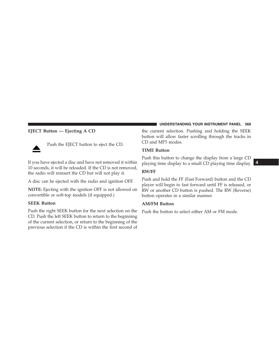 Eject button — ejecting a cd, Seek button, Time button | Rw/ff, Am/fm button | Jeep 2015 Wrangler - Owner Manual User Manual | Page 371 / 695