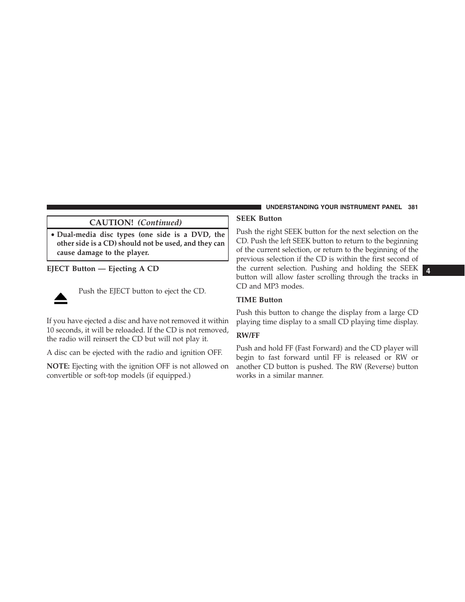 Eject button — ejecting a cd, Seek button, Time button | Rw/ff | Jeep 2015 Wrangler - Owner Manual User Manual | Page 383 / 695