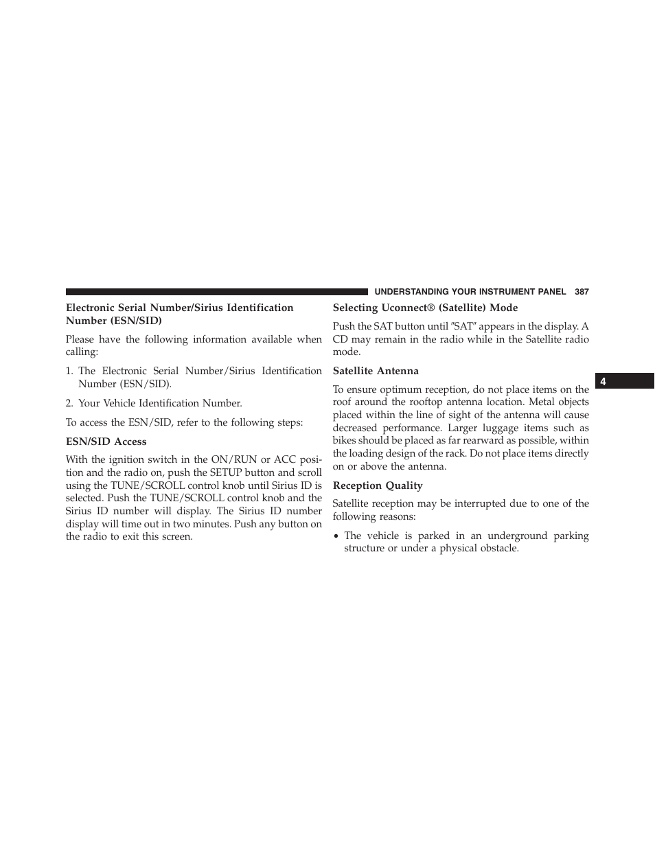 Esn/sid access, Selecting uconnect® (satellite) mode, Satellite antenna | Reception quality | Jeep 2015 Wrangler - Owner Manual User Manual | Page 389 / 695