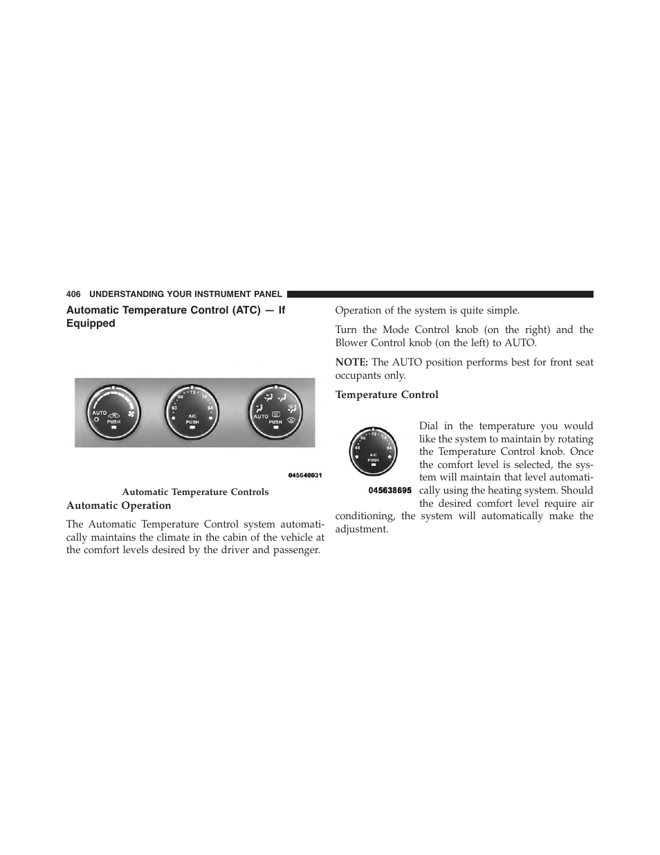 Automatic temperature control (atc) — if equipped, Automatic operation, Temperature control | Automatic temperature control (atc) — if, Equipped | Jeep 2015 Wrangler - Owner Manual User Manual | Page 408 / 695