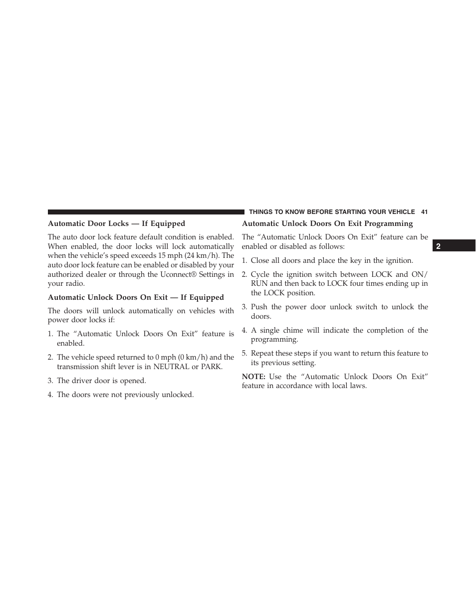 Automatic door locks — if equipped, Automatic unlock doors on exit — if equipped, Automatic unlock doors on exit programming | Jeep 2015 Wrangler - Owner Manual User Manual | Page 43 / 695