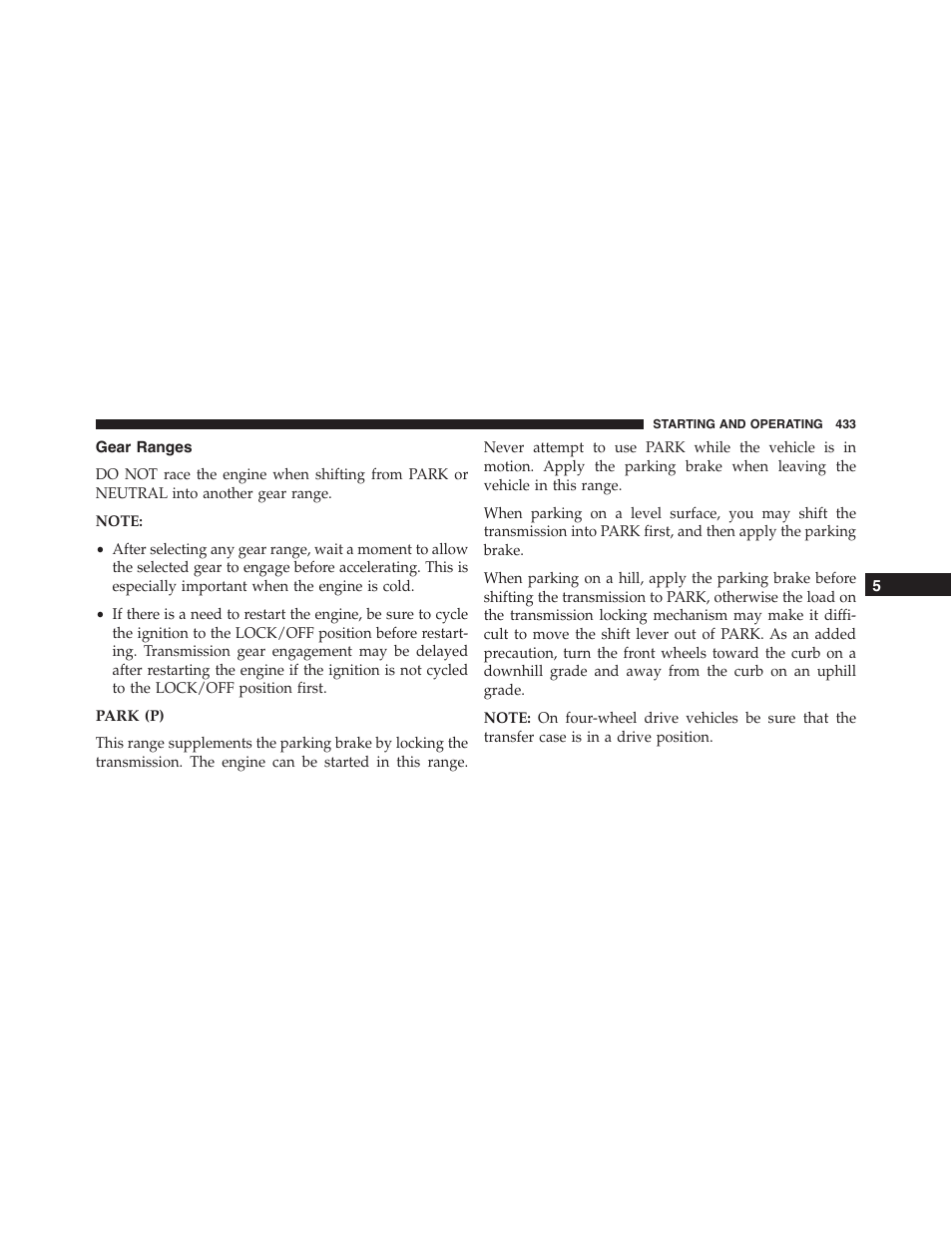 Gear ranges, Park (p) | Jeep 2015 Wrangler - Owner Manual User Manual | Page 435 / 695