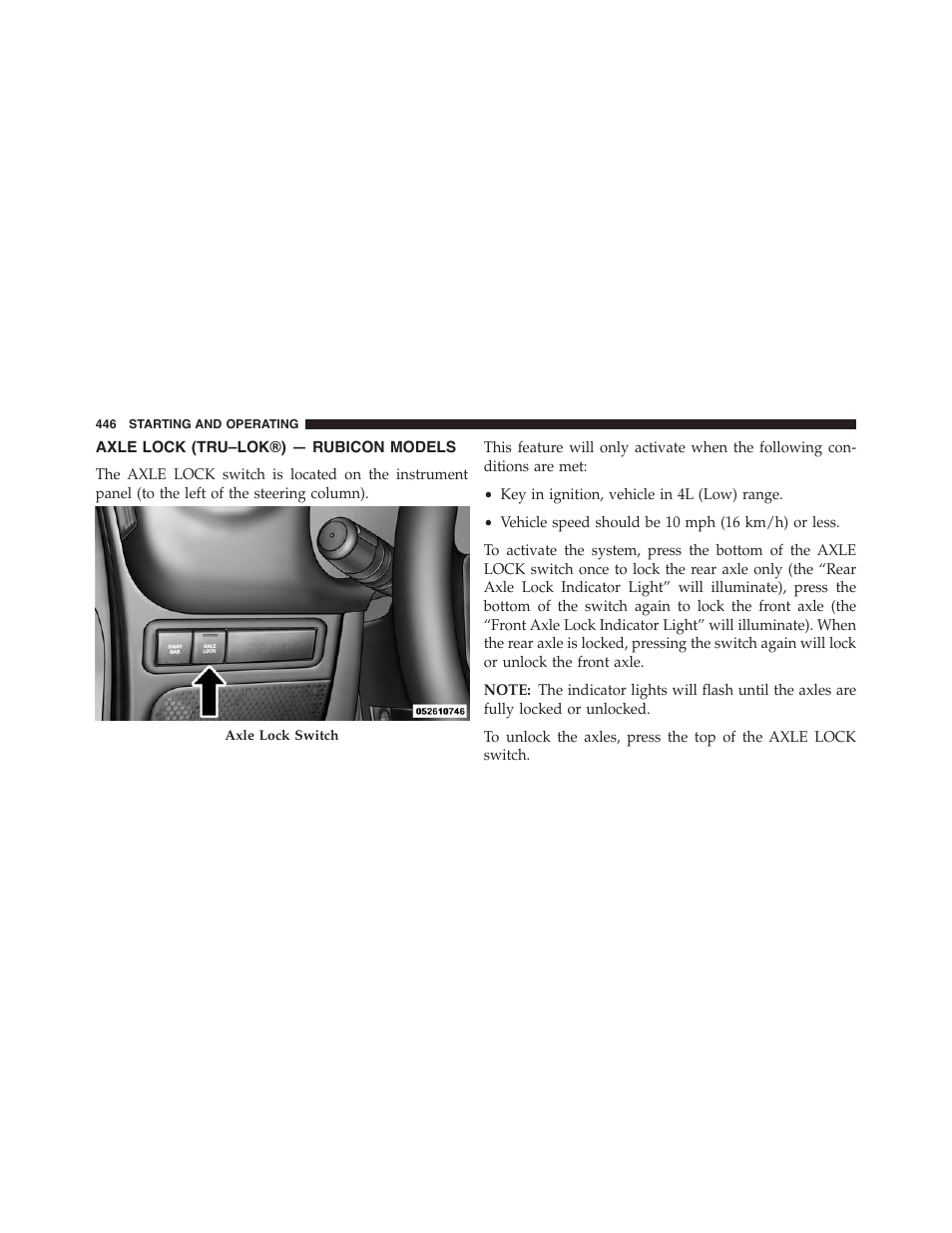 Axle lock (tru–lok®) — rubicon models, Axle lock (tru–lok®) — rubicon, Models | Jeep 2015 Wrangler - Owner Manual User Manual | Page 448 / 695