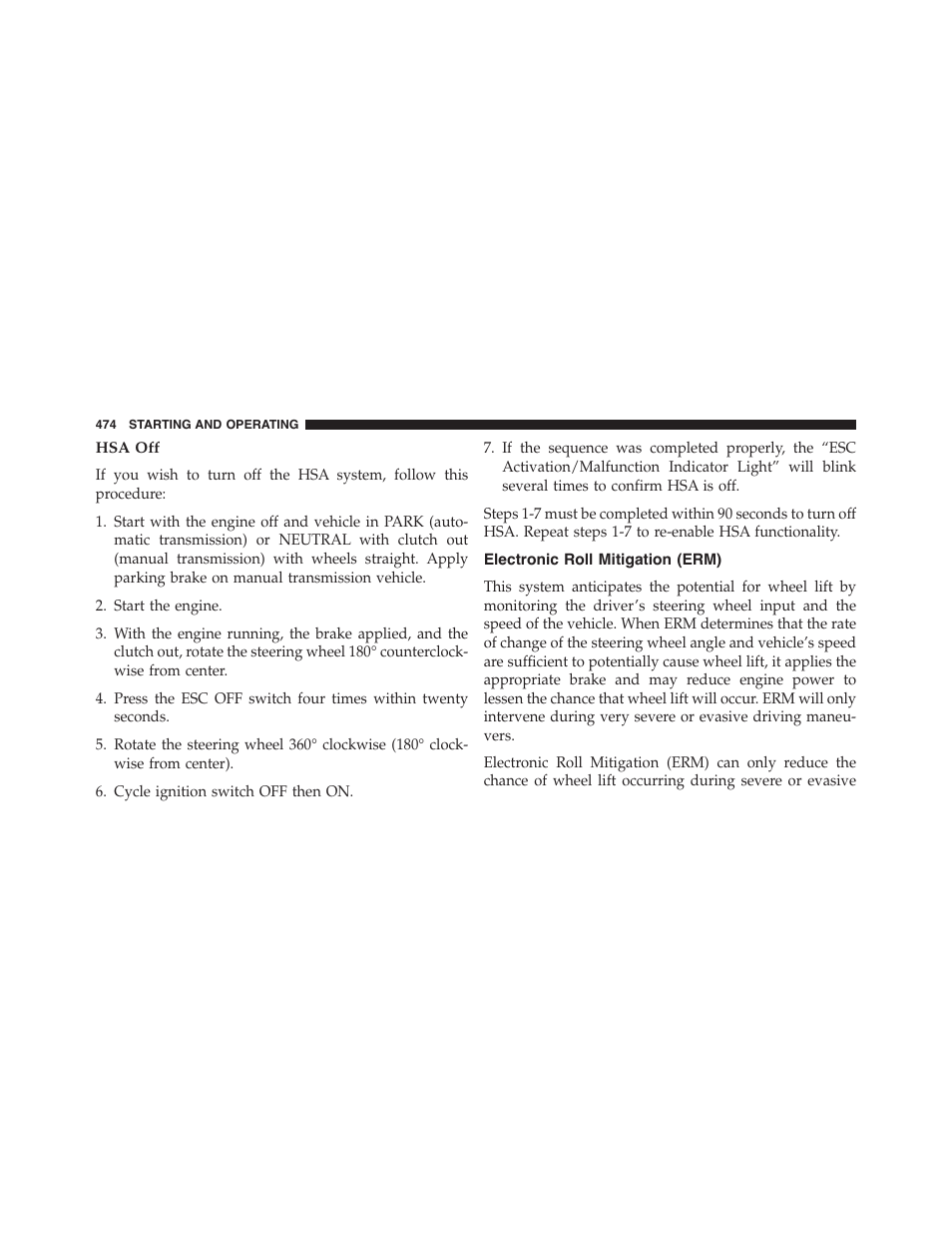 Hsa off, Electronic roll mitigation (erm) | Jeep 2015 Wrangler - Owner Manual User Manual | Page 476 / 695