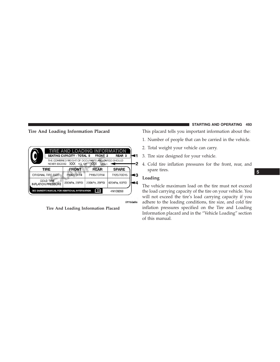 Tire and loading information placard, Loading | Jeep 2015 Wrangler - Owner Manual User Manual | Page 495 / 695