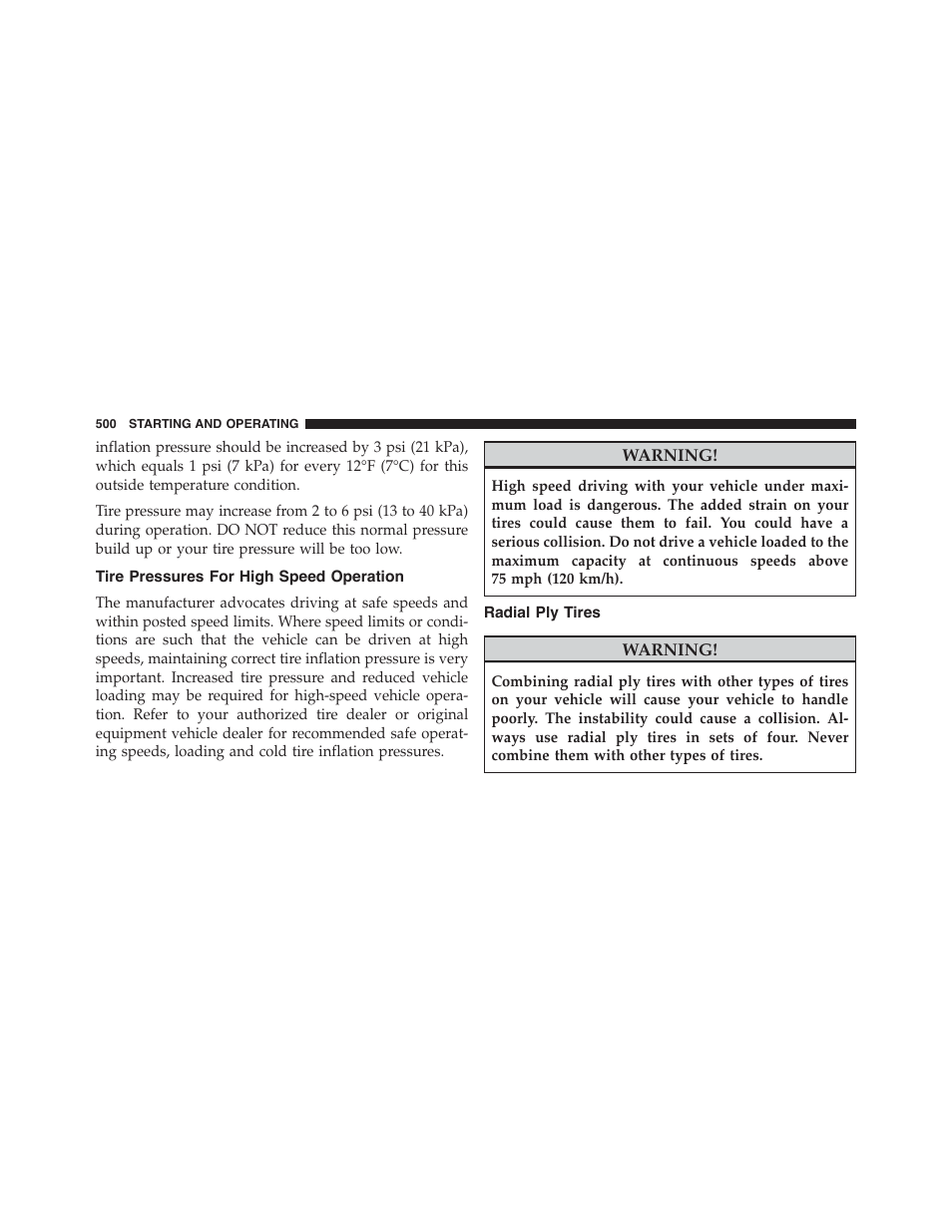 Tire pressures for high speed operation, Radial ply tires | Jeep 2015 Wrangler - Owner Manual User Manual | Page 502 / 695