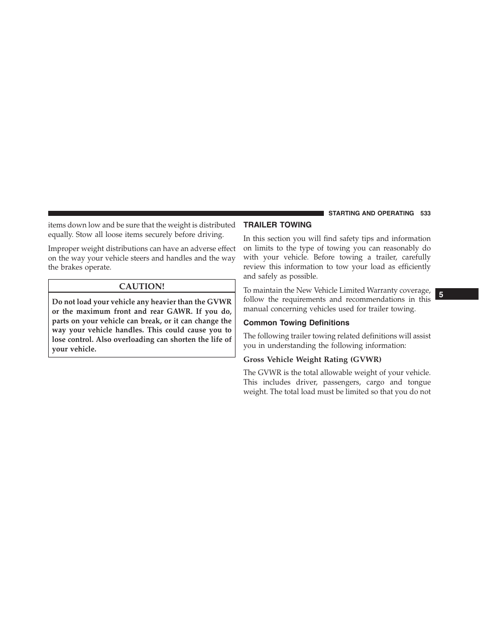 Trailer towing, Common towing definitions, Gross vehicle weight rating (gvwr) | Jeep 2015 Wrangler - Owner Manual User Manual | Page 535 / 695