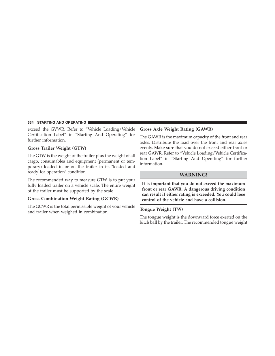 Gross trailer weight (gtw), Gross combination weight rating (gcwr), Gross axle weight rating (gawr) | Tongue weight (tw) | Jeep 2015 Wrangler - Owner Manual User Manual | Page 536 / 695