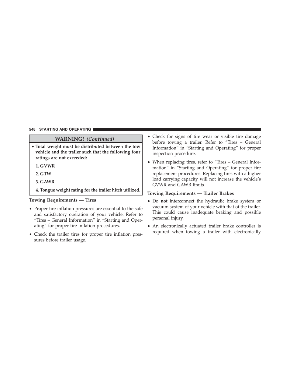 Towing requirements — tires, Towing requirements — trailer brakes | Jeep 2015 Wrangler - Owner Manual User Manual | Page 550 / 695