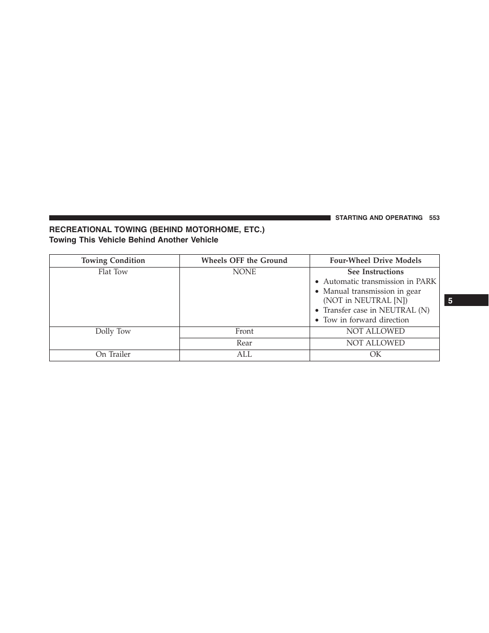 Recreational towing (behind motorhome, etc.), Towing this vehicle behind another vehicle, Recreational towing (behind | Motorhome, etc.) | Jeep 2015 Wrangler - Owner Manual User Manual | Page 555 / 695