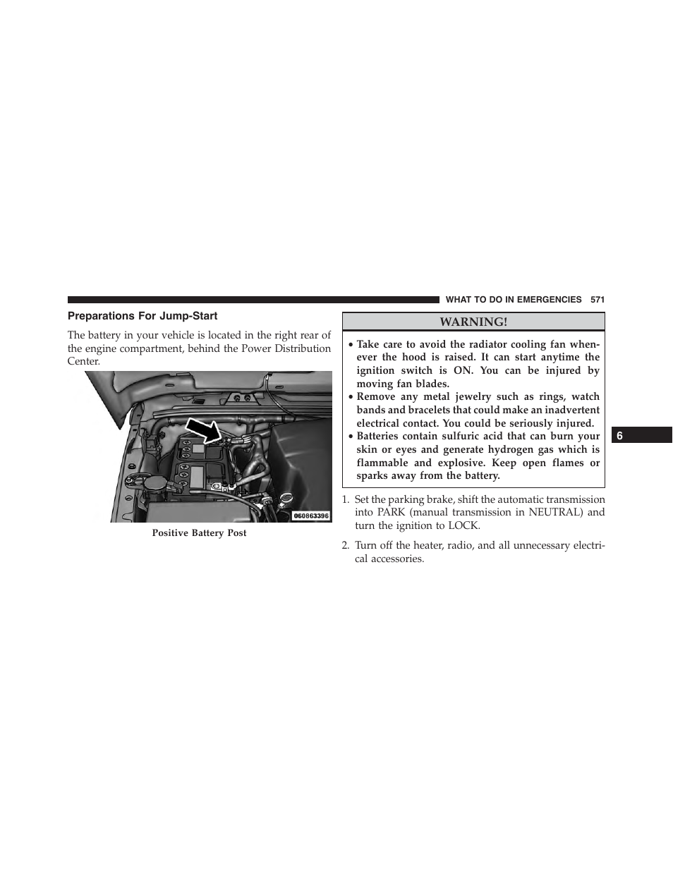 Preparations for jump-start | Jeep 2015 Wrangler - Owner Manual User Manual | Page 573 / 695