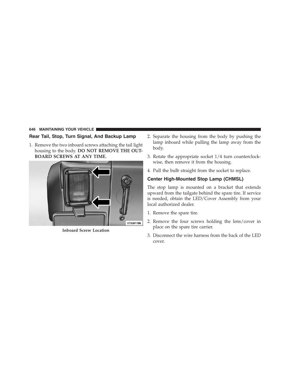 Rear tail, stop, turn signal, and backup lamp, Center high-mounted stop lamp (chmsl), Rear tail, stop, turn signal, and backup | Lamp | Jeep 2015 Wrangler - Owner Manual User Manual | Page 648 / 695