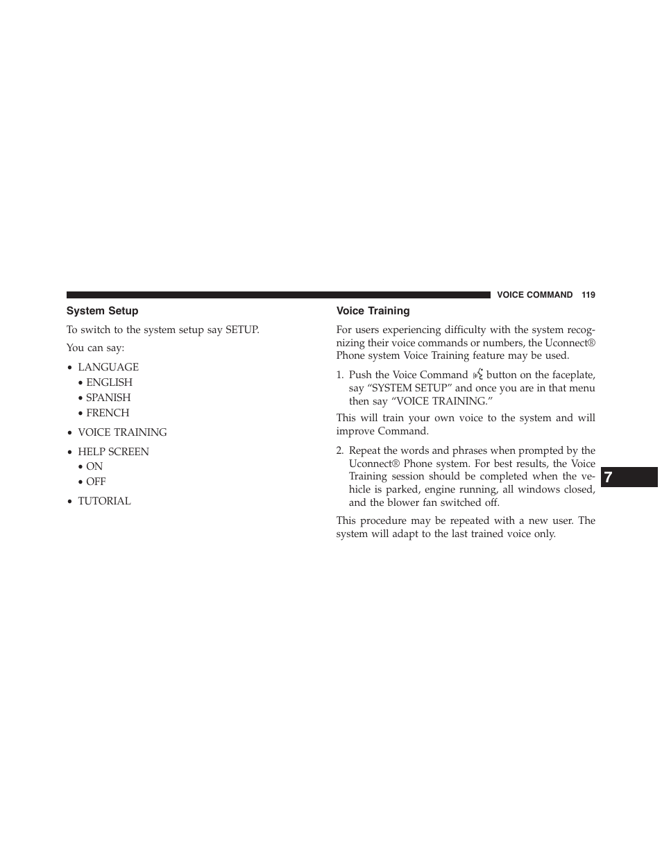 System setup, Voice training | Jeep 2015 Wrangler - Uconnect 730N Manual User Manual | Page 130 / 222