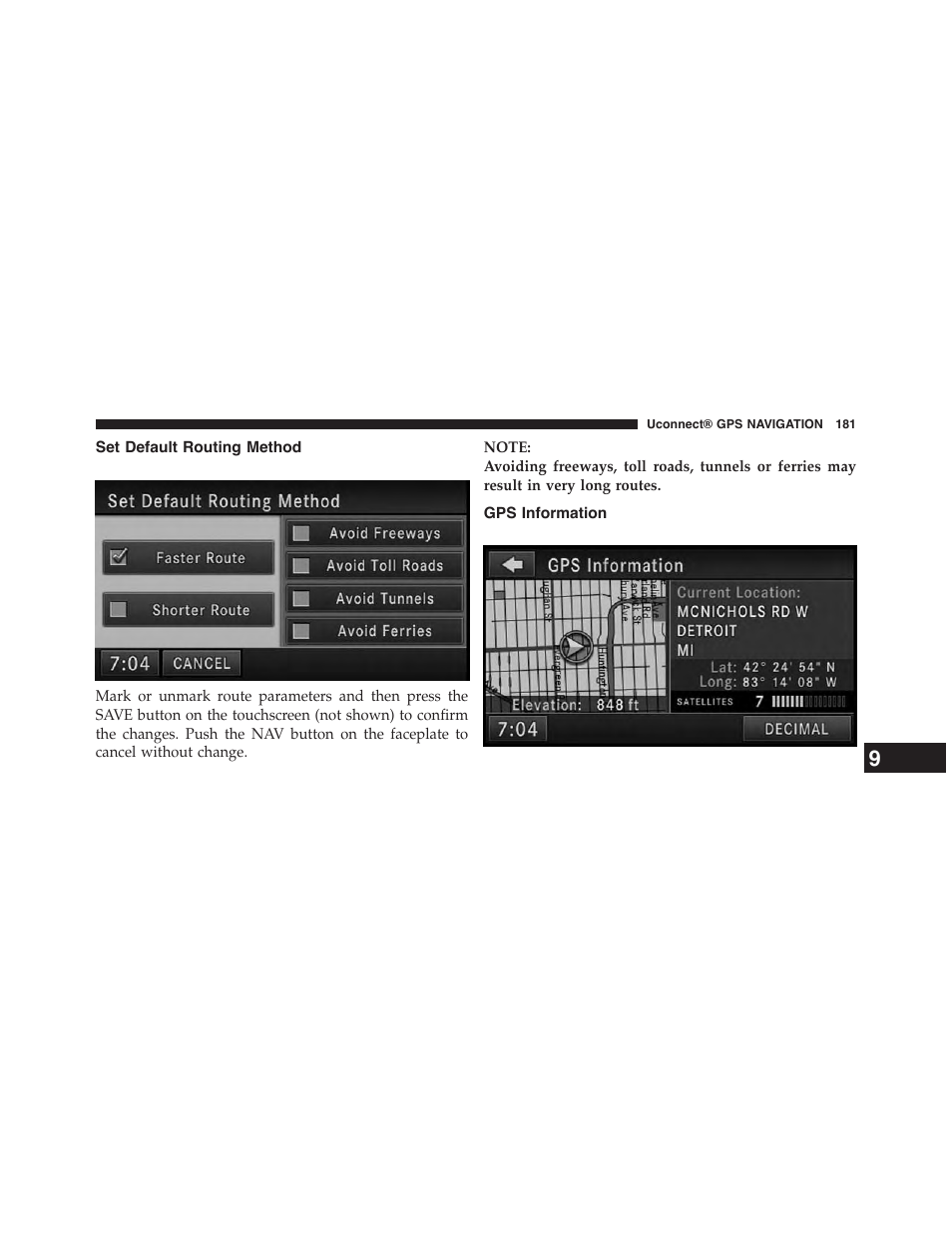 Set default routing method, Gps information | Jeep 2015 Wrangler - Uconnect 730N Manual User Manual | Page 192 / 222