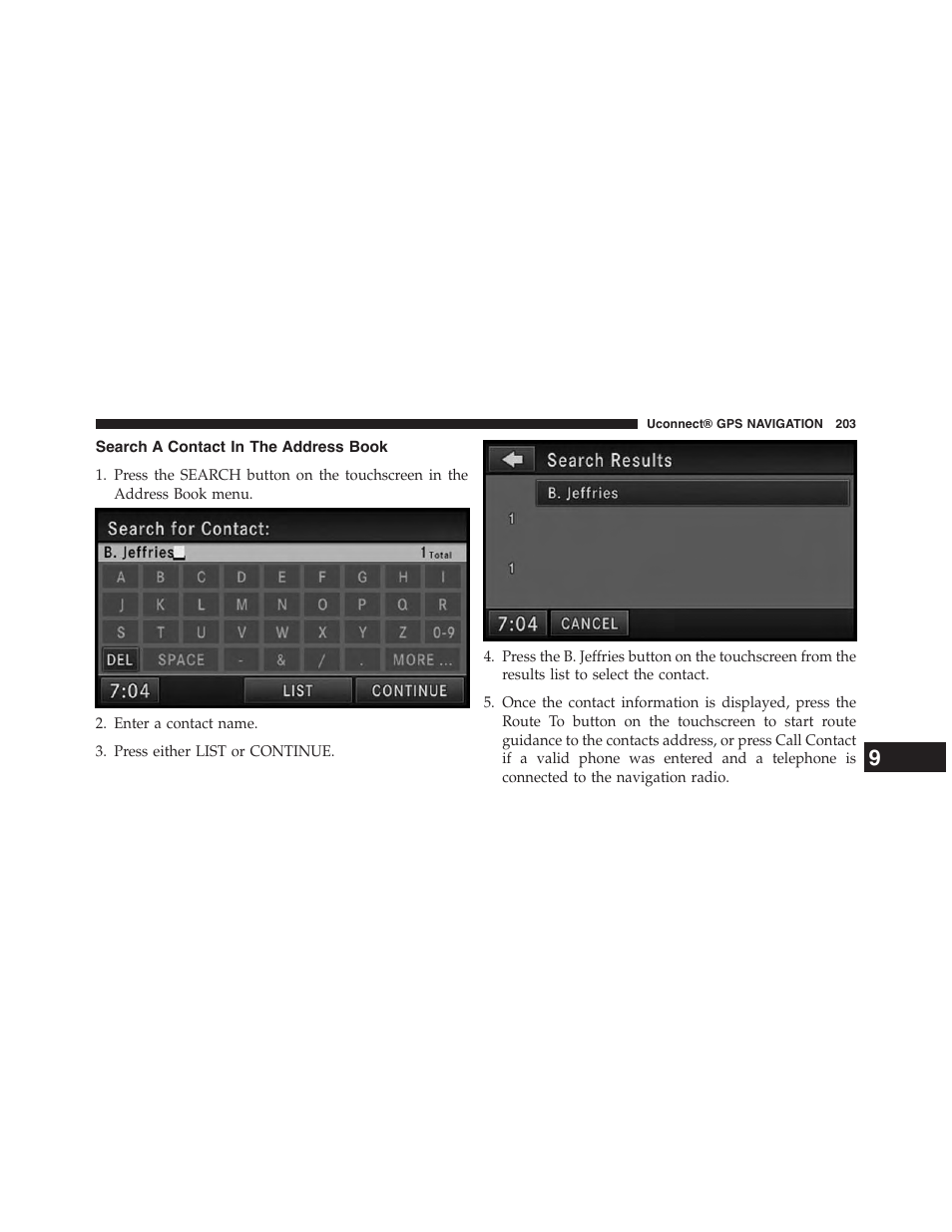 Search a contact in the address book | Jeep 2015 Wrangler - Uconnect 730N Manual User Manual | Page 214 / 222