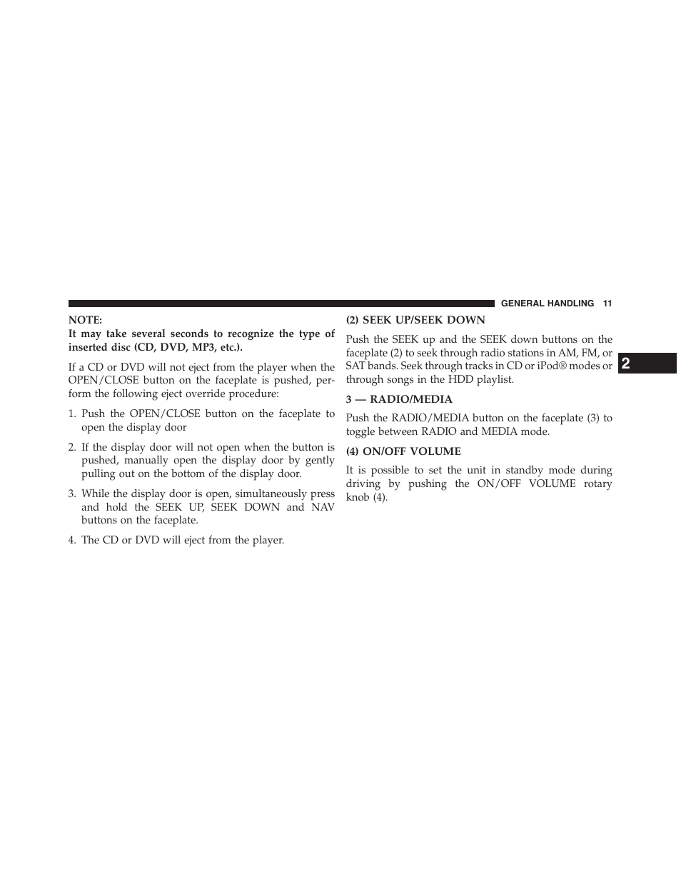 2) seek up/seek down, 3 — radio/media, 4) on/off volume | Jeep 2015 Wrangler - Uconnect 730N Manual User Manual | Page 22 / 222