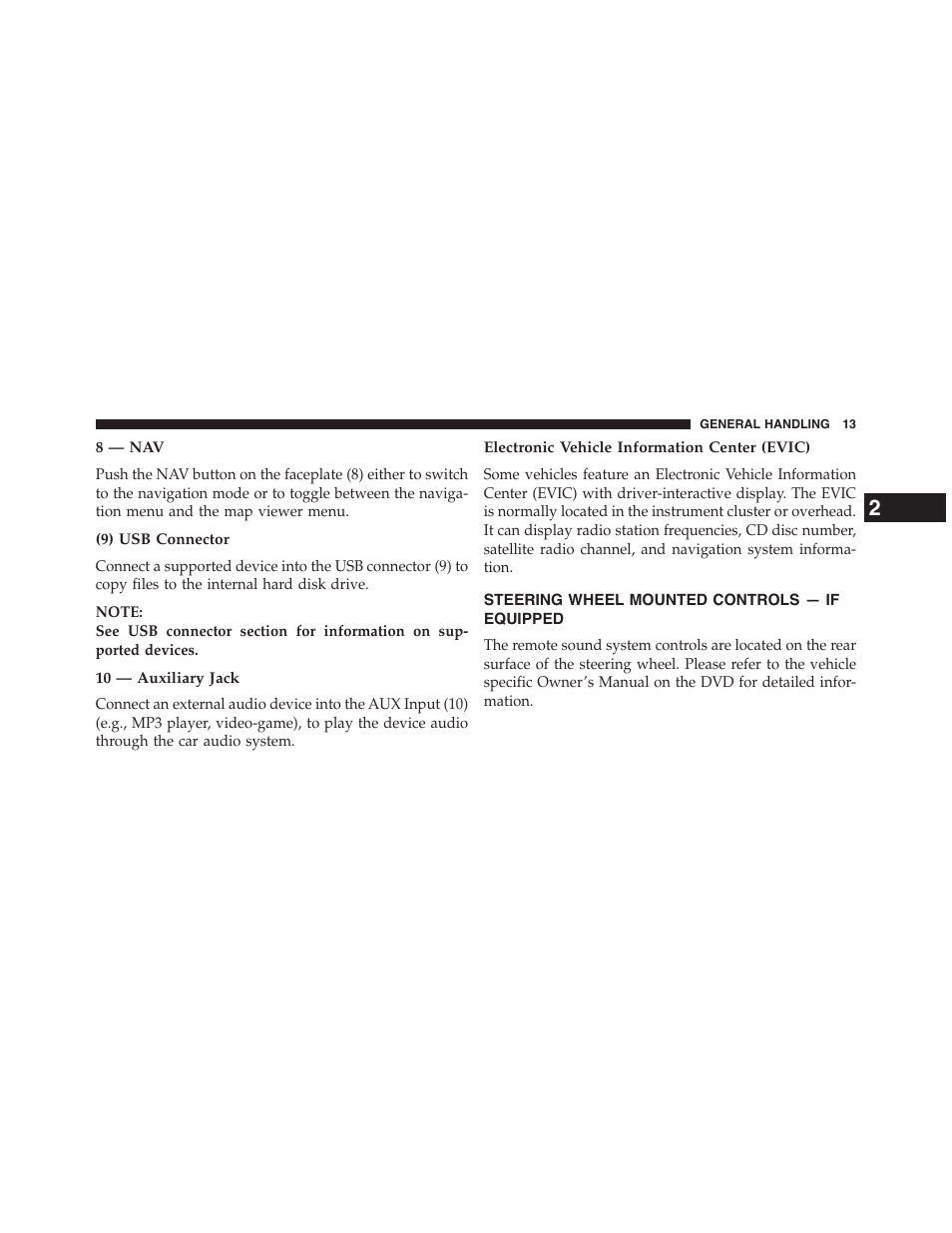 8 — nav, 9) usb connector, 10 — auxiliary jack | Electronic vehicle information center (evic), Steering wheel mounted controls — if equipped, Steering wheel mounted controls — if, Equipped | Jeep 2015 Wrangler - Uconnect 730N Manual User Manual | Page 24 / 222