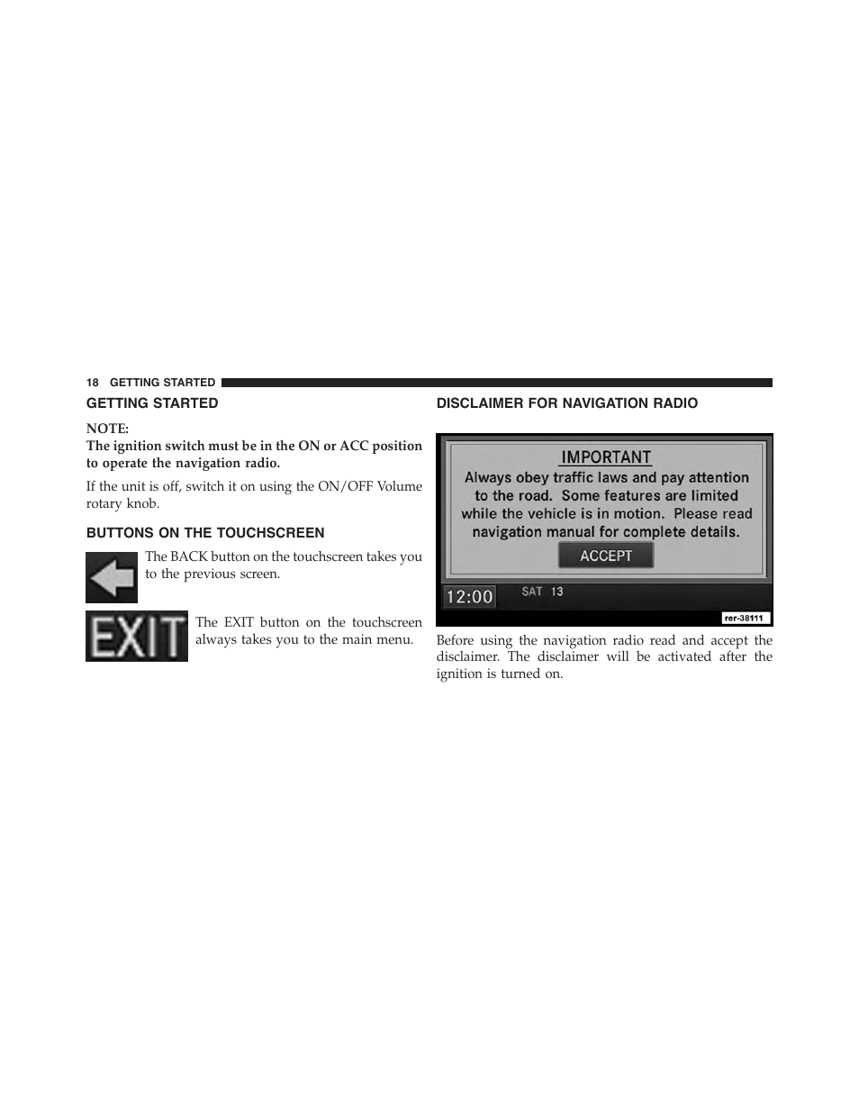 Getting started, Buttons on the touchscreen, Disclaimer for navigation radio | Jeep 2015 Wrangler - Uconnect 730N Manual User Manual | Page 29 / 222