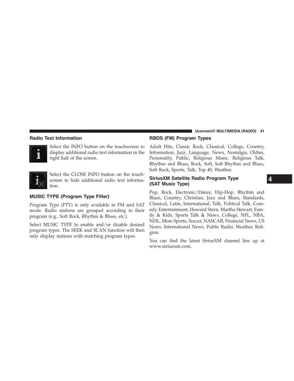 Radio text information, Music type (program type filter), Rbds (fm) program types | Siriusxm satellite radio program type, Sat music type) | Jeep 2015 Wrangler - Uconnect 730N Manual User Manual | Page 52 / 222