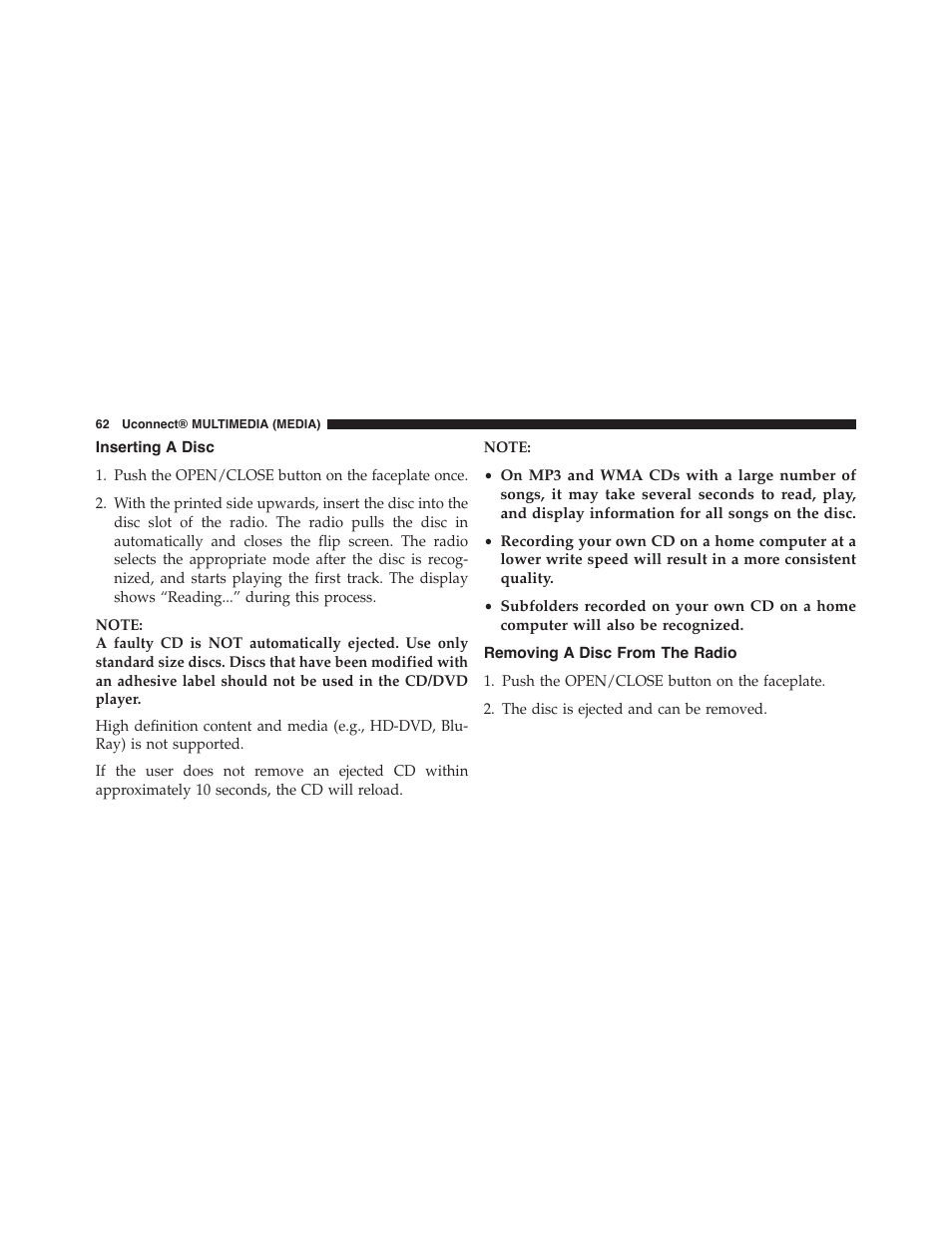 Inserting a disc, Removing a disc from the radio | Jeep 2015 Wrangler - Uconnect 730N Manual User Manual | Page 73 / 222