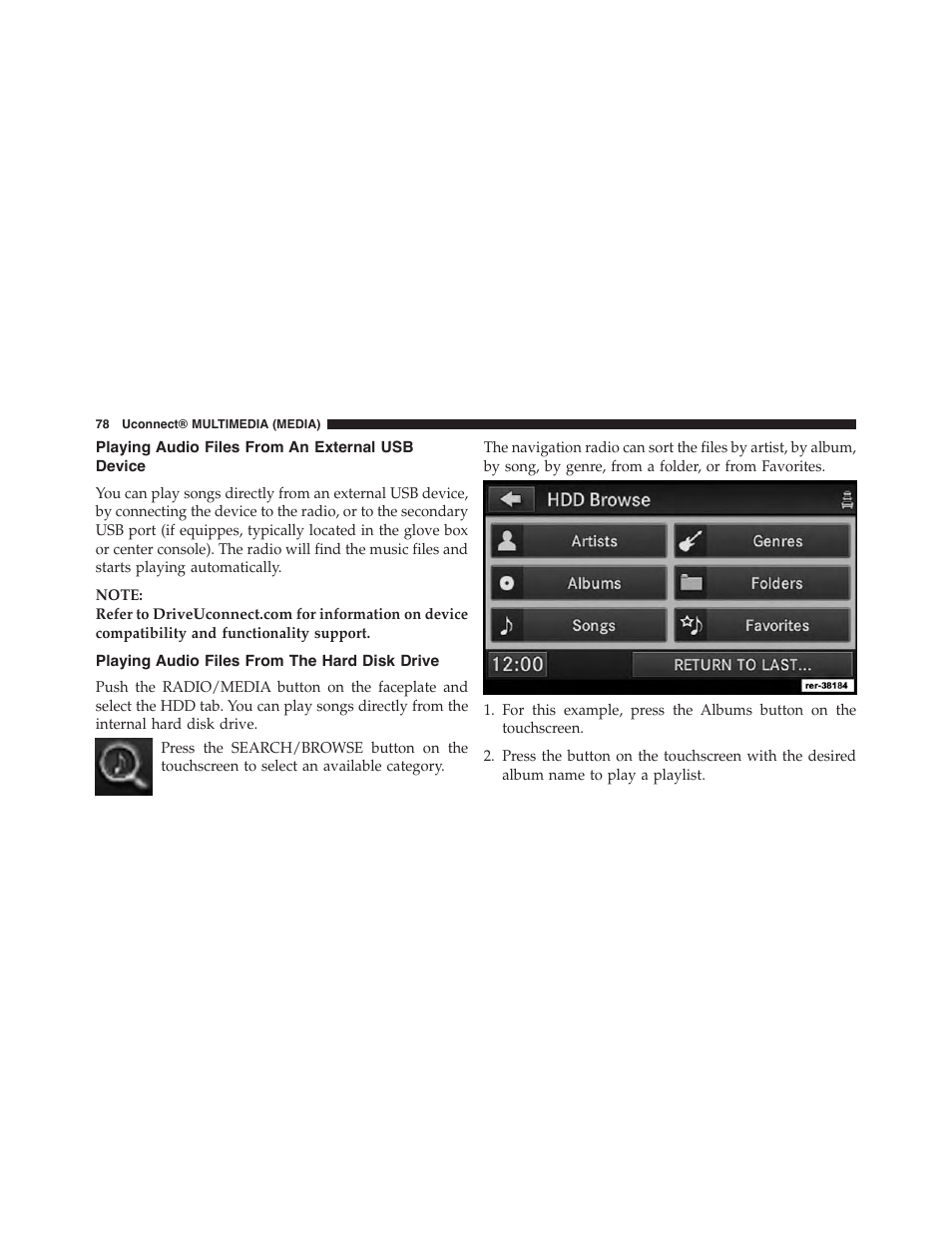 Playing audio files from an external usb device, Playing audio files from the hard disk drive, Playing audio files from an external usb | Device | Jeep 2015 Wrangler - Uconnect 730N Manual User Manual | Page 89 / 222