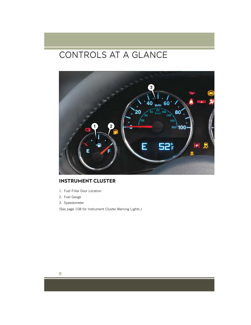 Instrument cluster, Controls at a glance | Jeep 2015 Wrangler - User Guide User Manual | Page 10 / 164