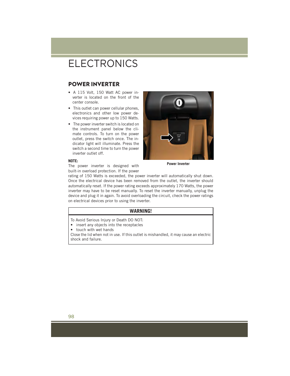 Power inverter, Electronics | Jeep 2015 Wrangler - User Guide User Manual | Page 100 / 164