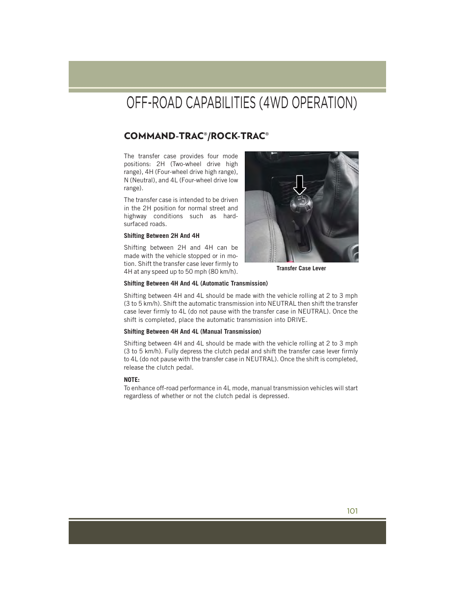 Off-road capabilities (4wd operation), Command-trac®/rock-trac, Off-road capabilities | 4wd operation), Command-trac, Rock-trac | Jeep 2015 Wrangler - User Guide User Manual | Page 103 / 164