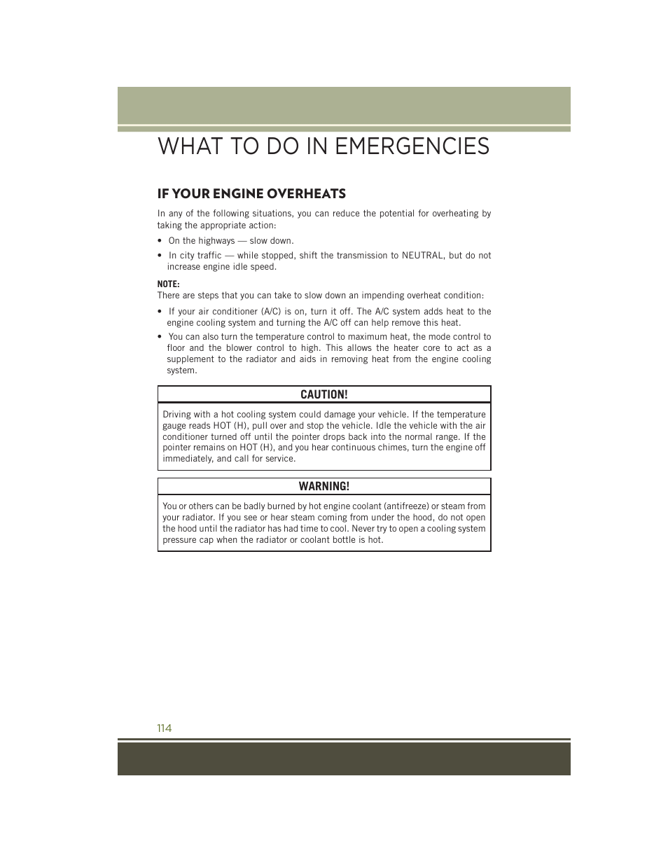 If your engine overheats, What to do in emergencies | Jeep 2015 Wrangler - User Guide User Manual | Page 116 / 164