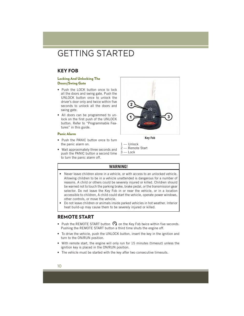 Getting started, Key fob, Locking and unlocking the doors/swing gate | Panic alarm, Remote start | Jeep 2015 Wrangler - User Guide User Manual | Page 12 / 164