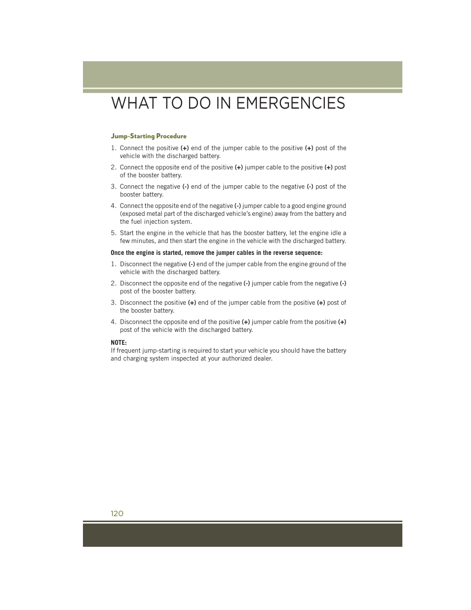 Jump-starting procedure, What to do in emergencies | Jeep 2015 Wrangler - User Guide User Manual | Page 122 / 164