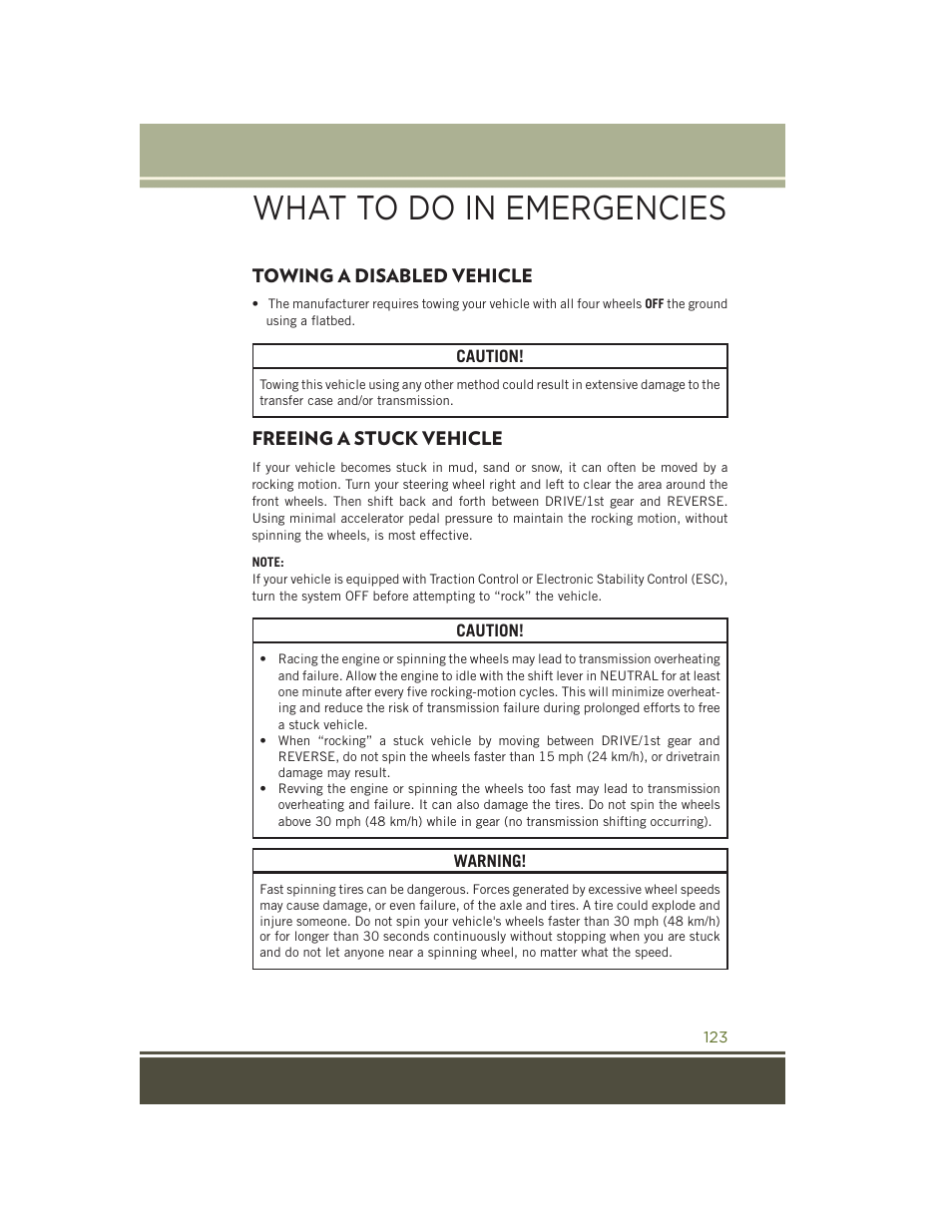 Towing a disabled vehicle, Freeing a stuck vehicle, Towing a disabled vehicle freeing a stuck vehicle | What to do in emergencies | Jeep 2015 Wrangler - User Guide User Manual | Page 125 / 164