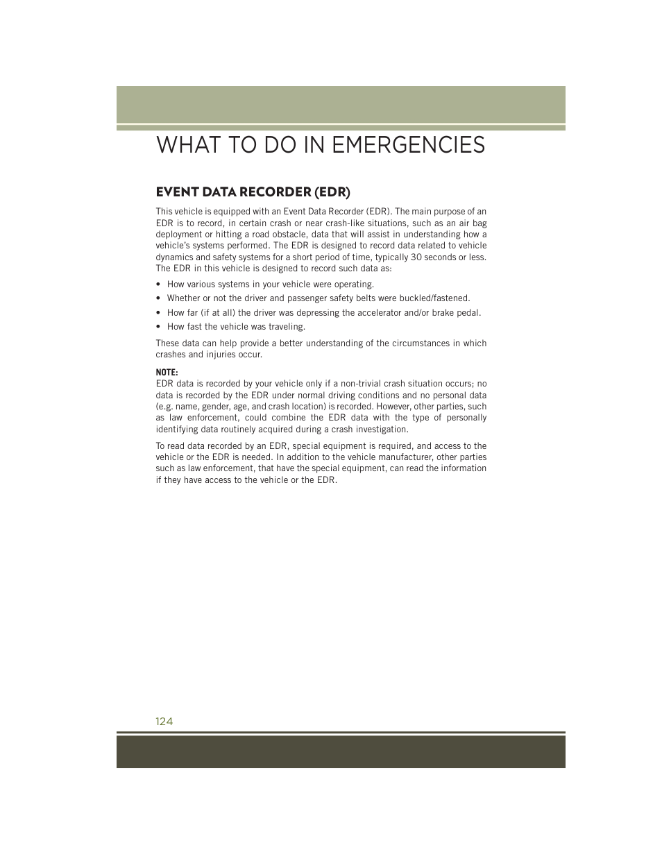 Event data recorder (edr), What to do in emergencies | Jeep 2015 Wrangler - User Guide User Manual | Page 126 / 164