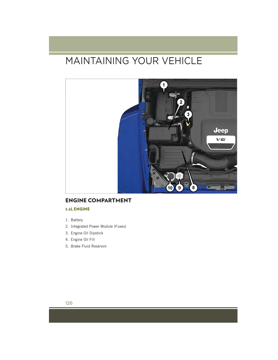 Engine compartment, 6l engine, Maintaining your vehicle | Jeep 2015 Wrangler - User Guide User Manual | Page 128 / 164
