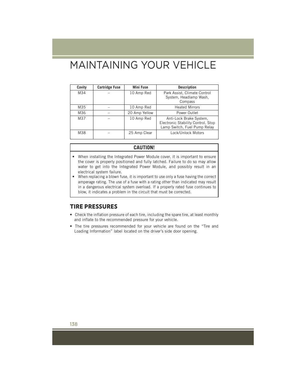 Tire pressures, Maintaining your vehicle, Caution | Jeep 2015 Wrangler - User Guide User Manual | Page 140 / 164