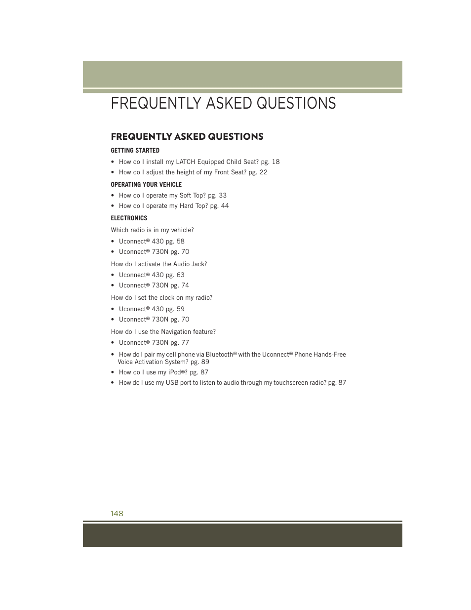 Frequently asked questions, Frequently asked, Questions | Jeep 2015 Wrangler - User Guide User Manual | Page 150 / 164