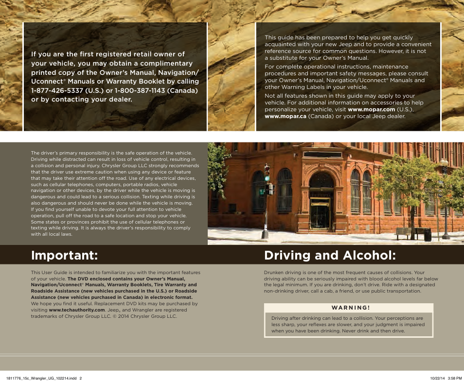 Important, Driving and alcohol | Jeep 2015 Wrangler - User Guide User Manual | Page 2 / 164