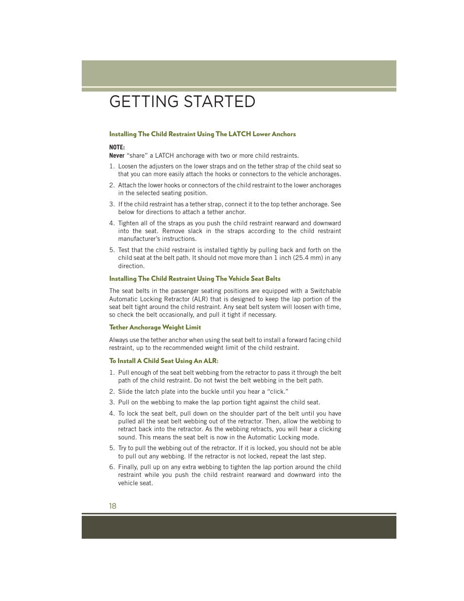 Tether anchorage weight limit, To install a child seat using an alr, Getting started | Jeep 2015 Wrangler - User Guide User Manual | Page 20 / 164