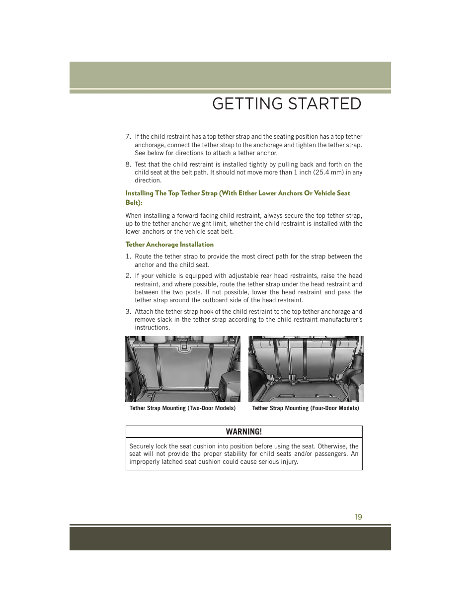 Tether anchorage installation, Getting started | Jeep 2015 Wrangler - User Guide User Manual | Page 21 / 164