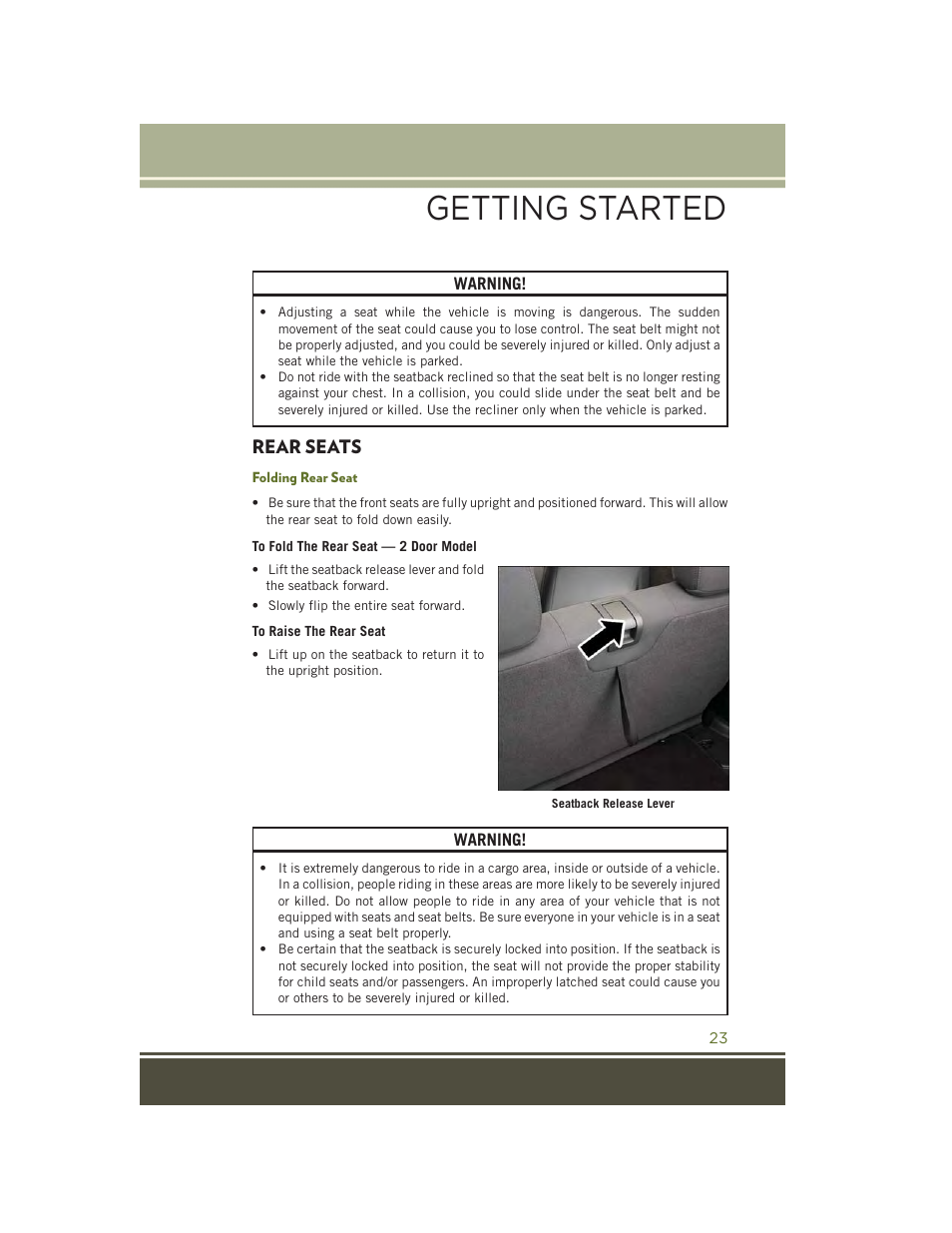 Rear seats, Folding rear seat, Getting started | Jeep 2015 Wrangler - User Guide User Manual | Page 25 / 164
