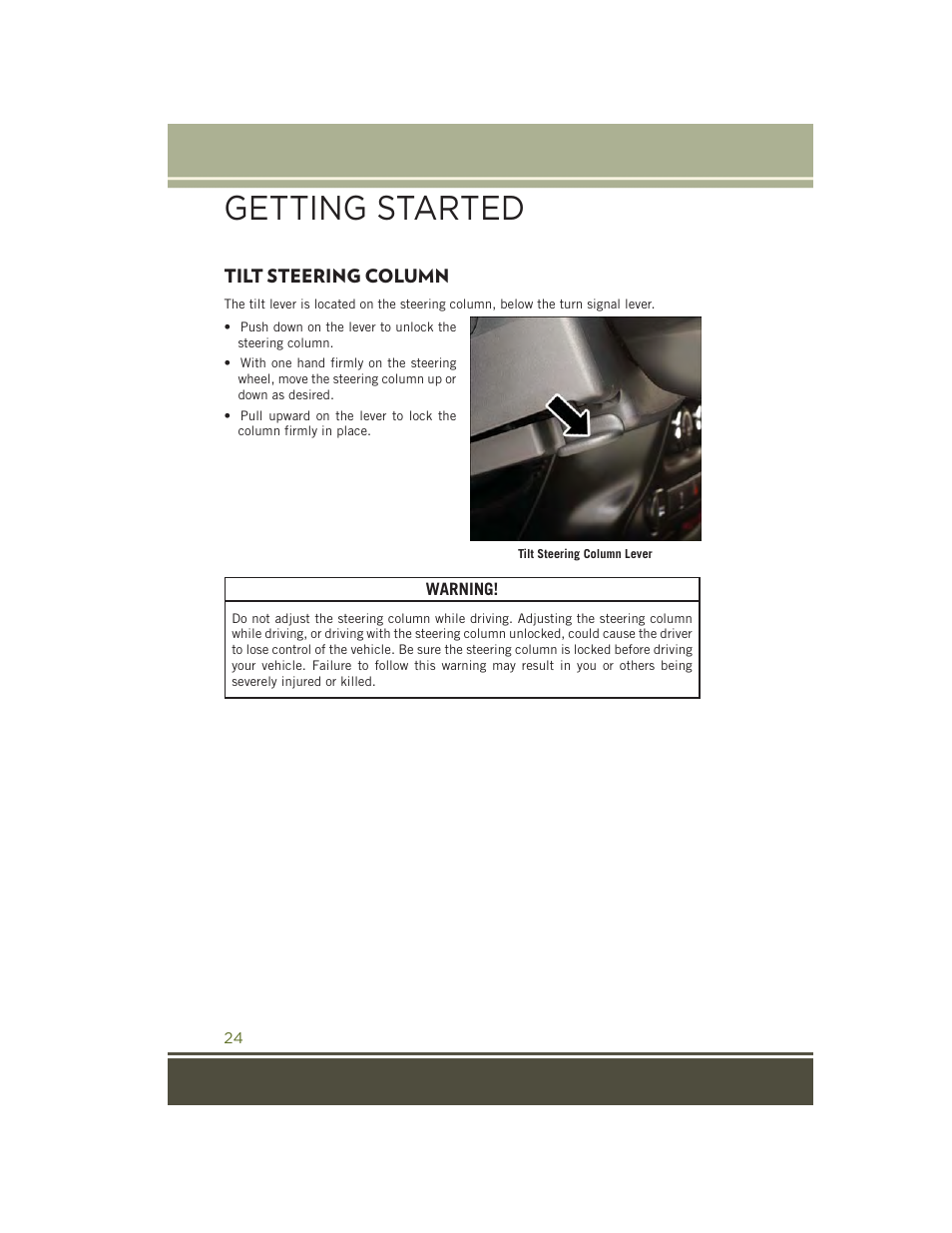 Tilt steering column, Getting started | Jeep 2015 Wrangler - User Guide User Manual | Page 26 / 164