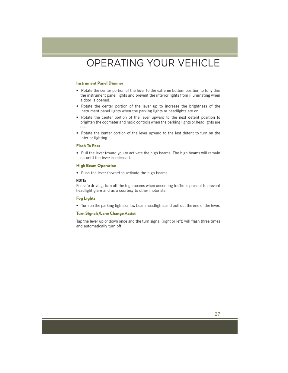 Instrument panel dimmer, Flash to pass, High beam operation | Fog lights, Turn signals/lane change assist, Operating your vehicle | Jeep 2015 Wrangler - User Guide User Manual | Page 29 / 164