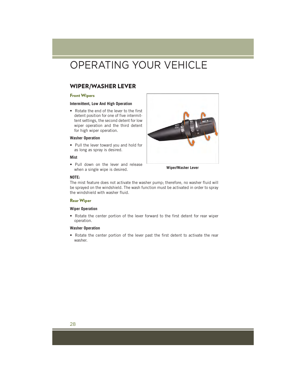 Wiper/washer lever, Front wipers, Rear wiper | Operating your vehicle | Jeep 2015 Wrangler - User Guide User Manual | Page 30 / 164