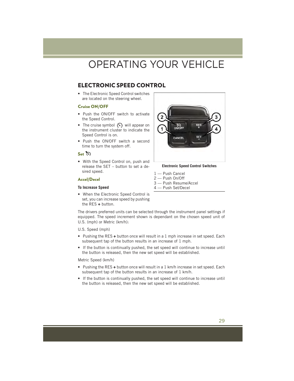 Electronic speed control, Cruise on/off, Accel/decel | Operating your vehicle | Jeep 2015 Wrangler - User Guide User Manual | Page 31 / 164